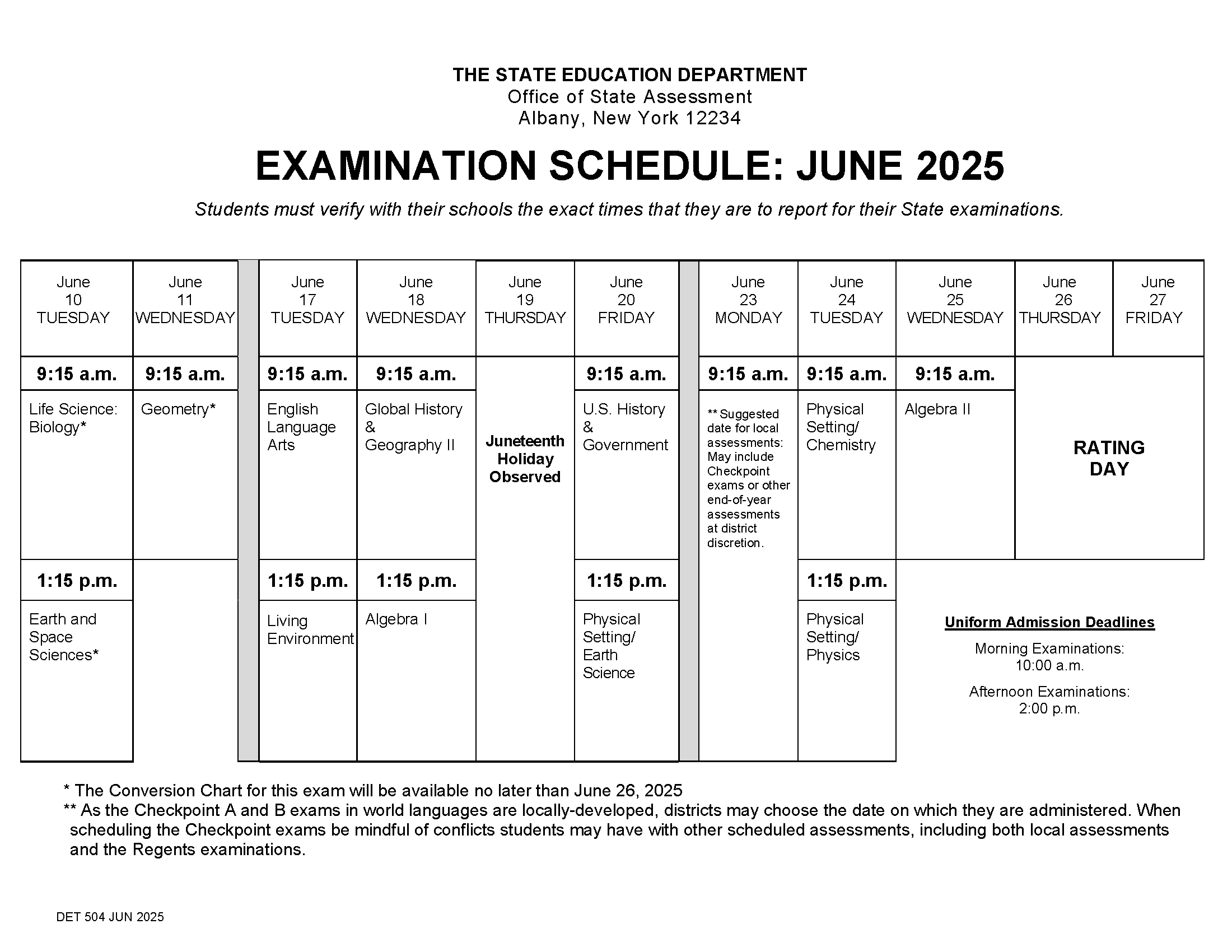 regents 20205 calendar